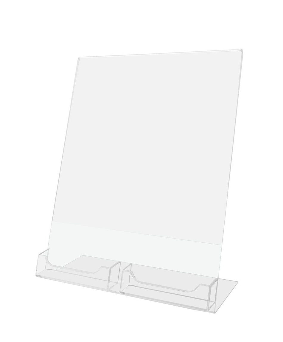 Double gift card holder for counter top with sign holder slant back.