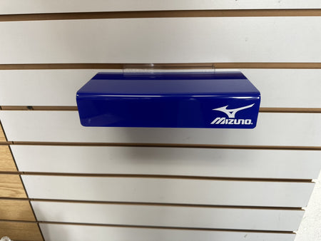 Blue plastic slatwall shoe shelf with logo