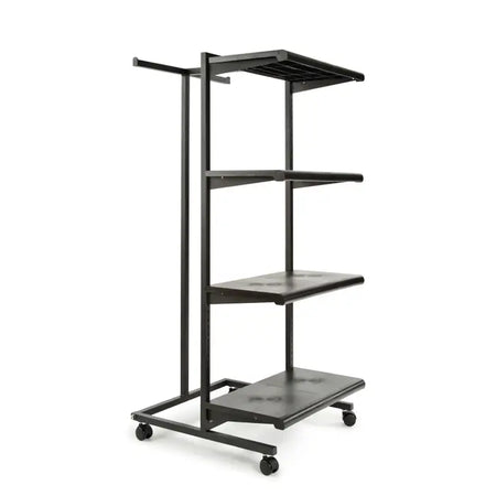 Costumer merchandiser with shelves and hangbar