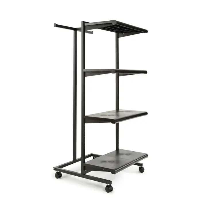 Costumer merchandiser with shelves and hangbar