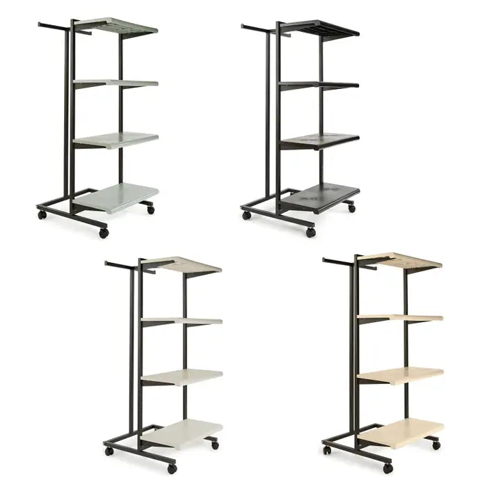 Clothing display for retail with shelves and hang bars