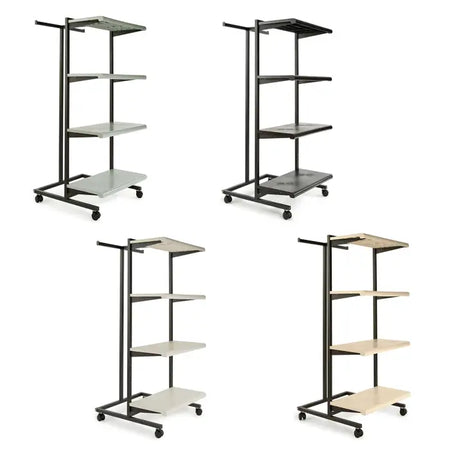 Clothing display for retail with shelves and hang bars