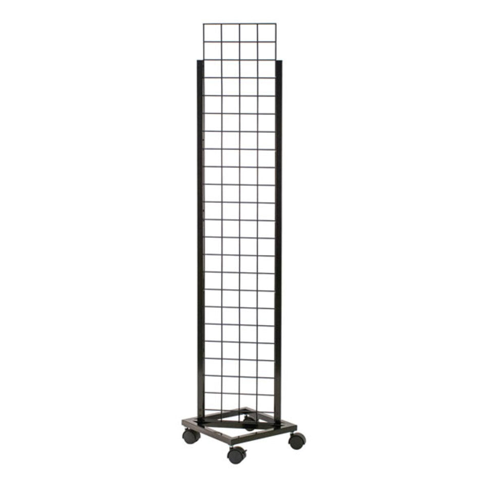 Mobile gridwall display tower with casters for shoe shelves and baskets