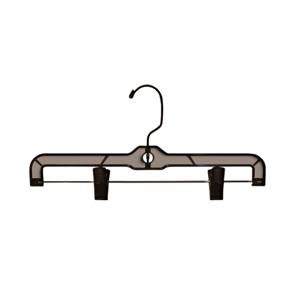 Smoke color plastic pant hangers with clips.  14"