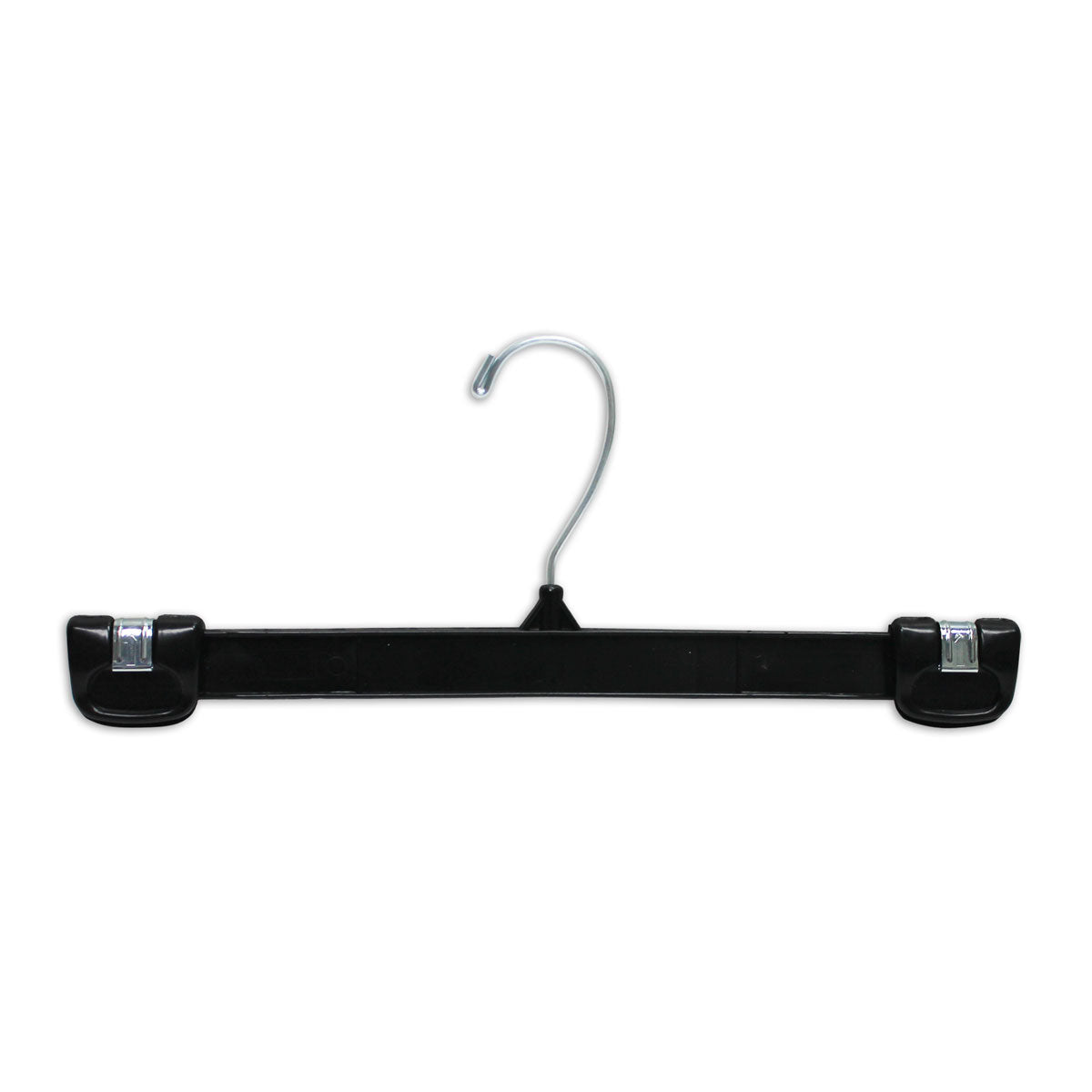 Black swimming shorts hangers.  Plastic 12" with slider clips.  200 per box