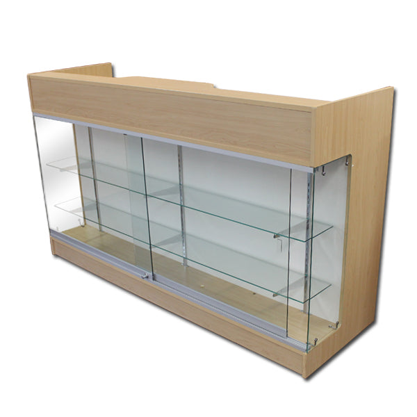 Maple customer counter with glass front showcase.  Locking and shelves.  Storage in back.